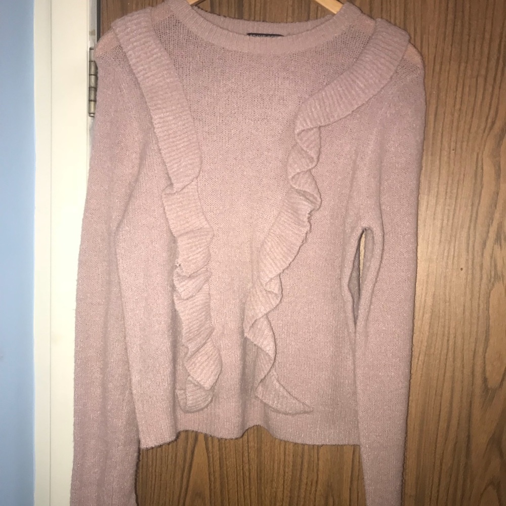 Mauve colored ruffle front sweater